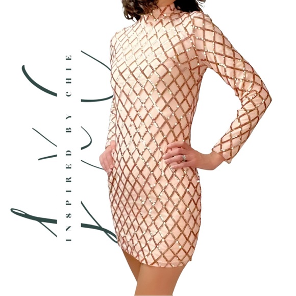 Fashion Nova Beige Diamond Patterned Sequin Bodycon Dress - Picture 1 of 11